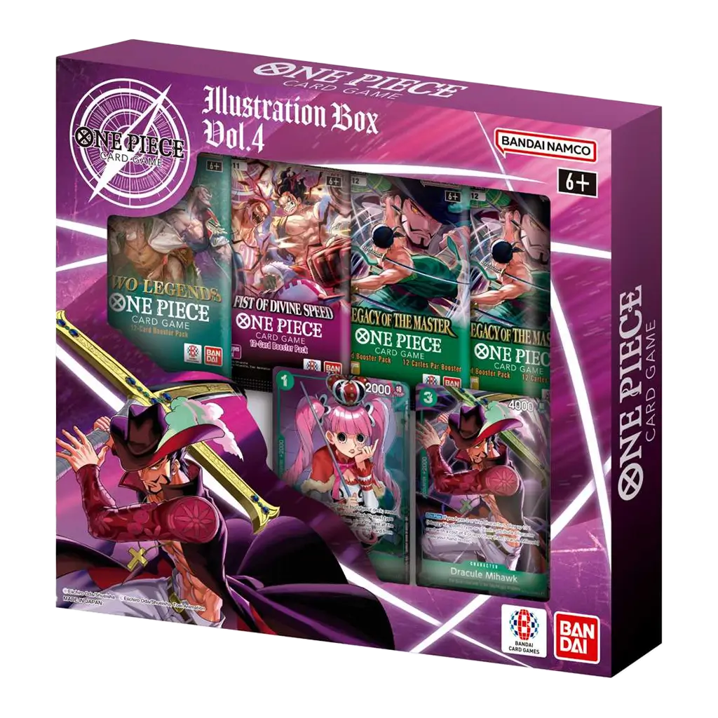 One Piece Card Game Illustration Box Vol.4 mit Dracule Mihawk als Hauptmotiv. Beinhaltet Booster Packs von „Two Legends“, „Fist of Divine Speed“ und zweimal „Legacy of the Master“ sowie zwei exklusive Promo-Karten von Dracule Mihawk und Perona