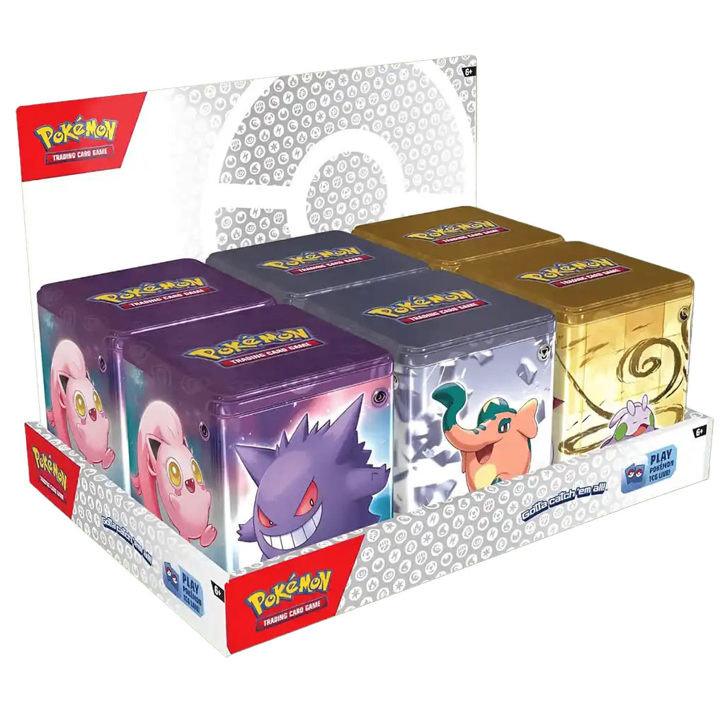 Pokémon Stacking Tins Display Frühling 2024 – Komplettbox mit den Designs Geist, Drache und Metall
