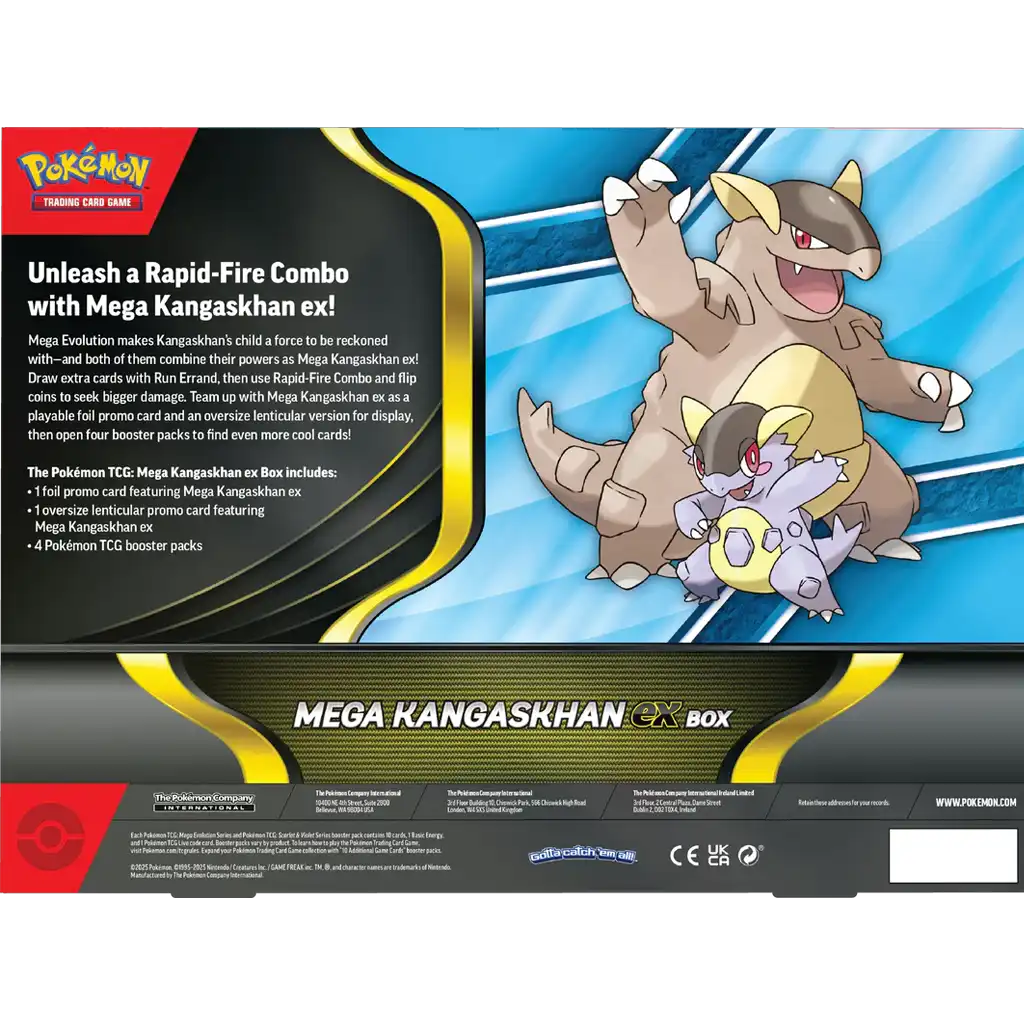Rückseite der Pokémon Mega Kangaskhan ex Collection – Inhalt mit Promo, Oversize und 4 Booster Packs