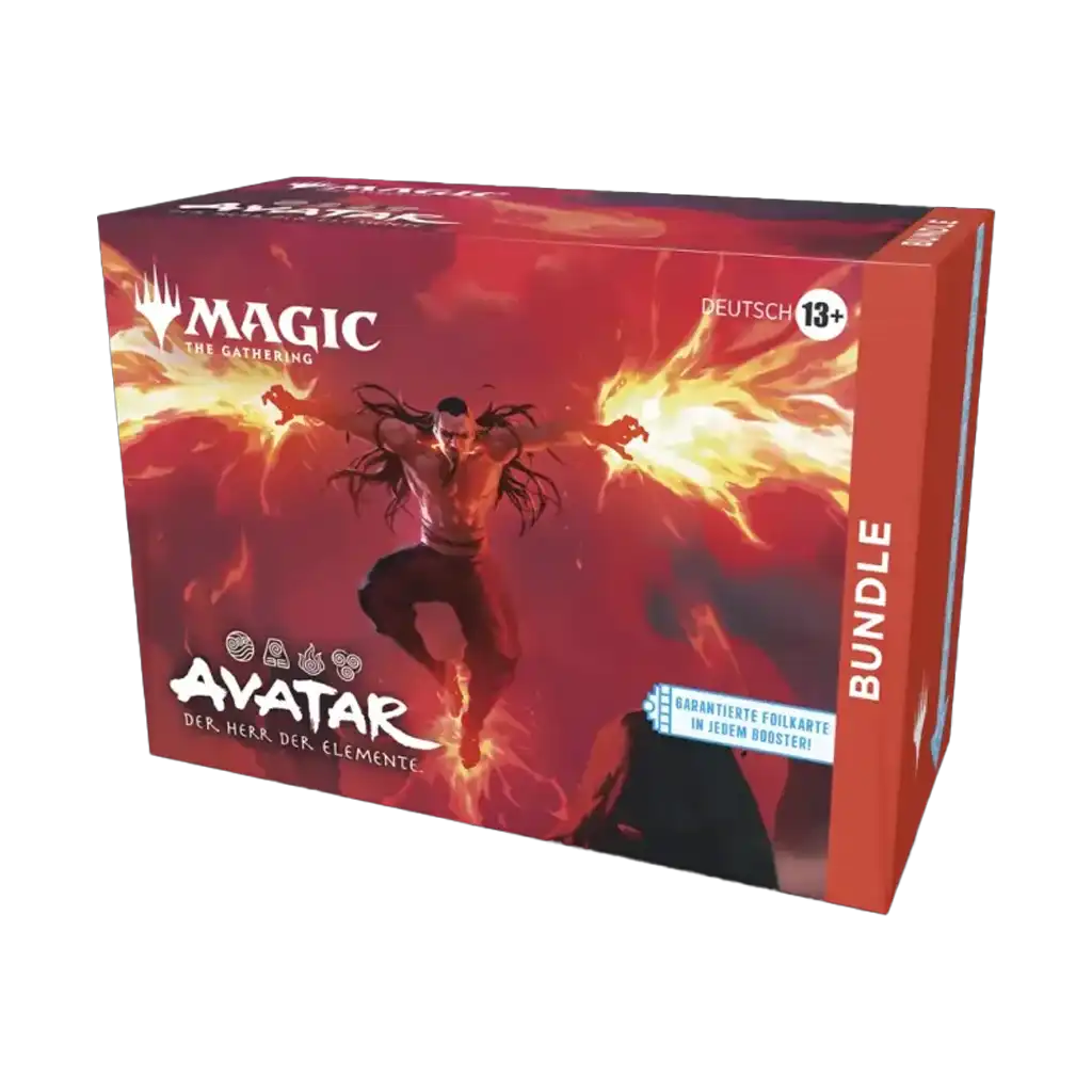 Magic: The Gathering – Avatar: Der Herr der Elemente Bundle Deutsch mit 9 Boostern, Promo-Karte und Avatar-Designbox.