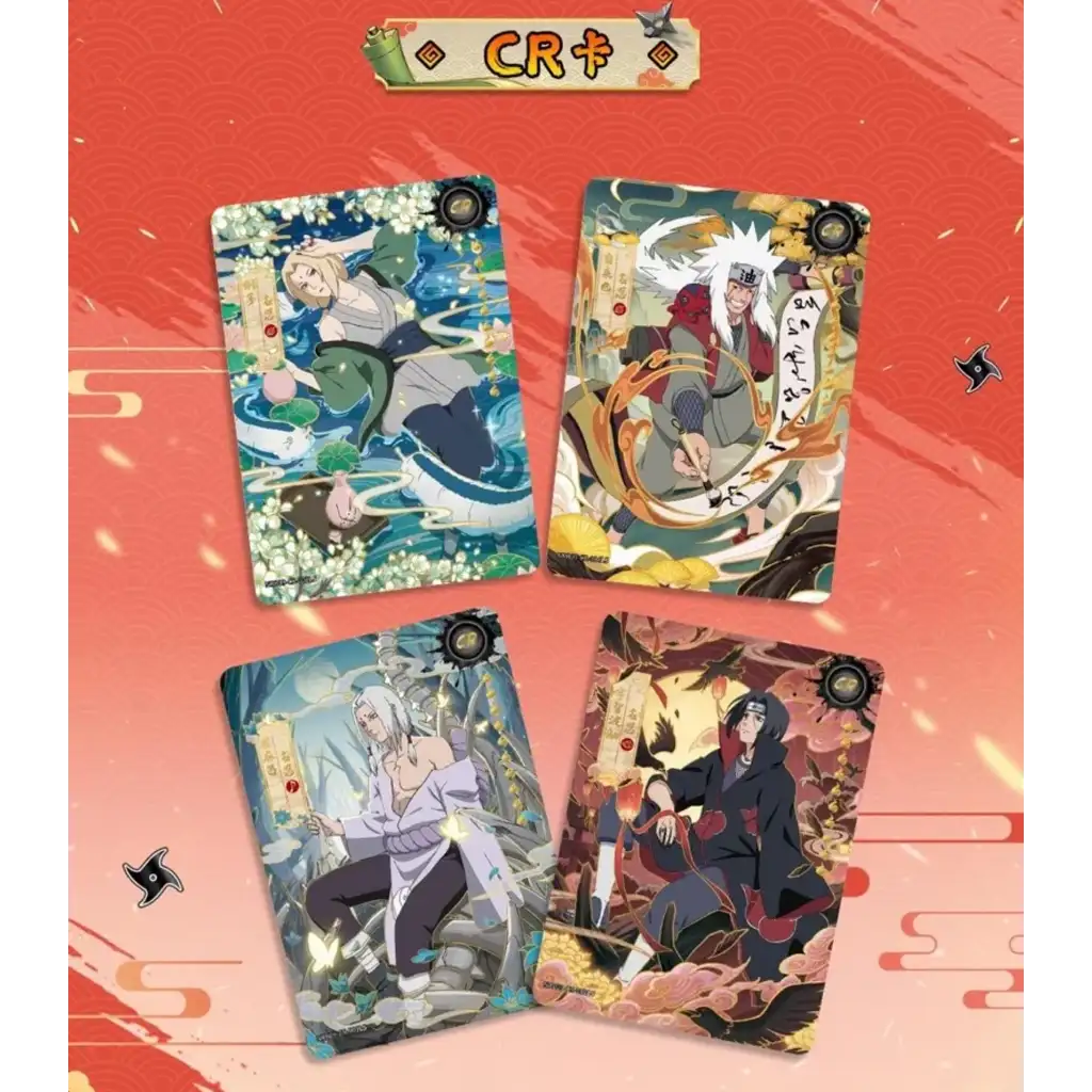 Naruto Kayou Tier 2 Wave 9 – geöffnete Boosterpacks Übersicht mit Itachi, Tsunade und Jiraiya Charakterkarten.