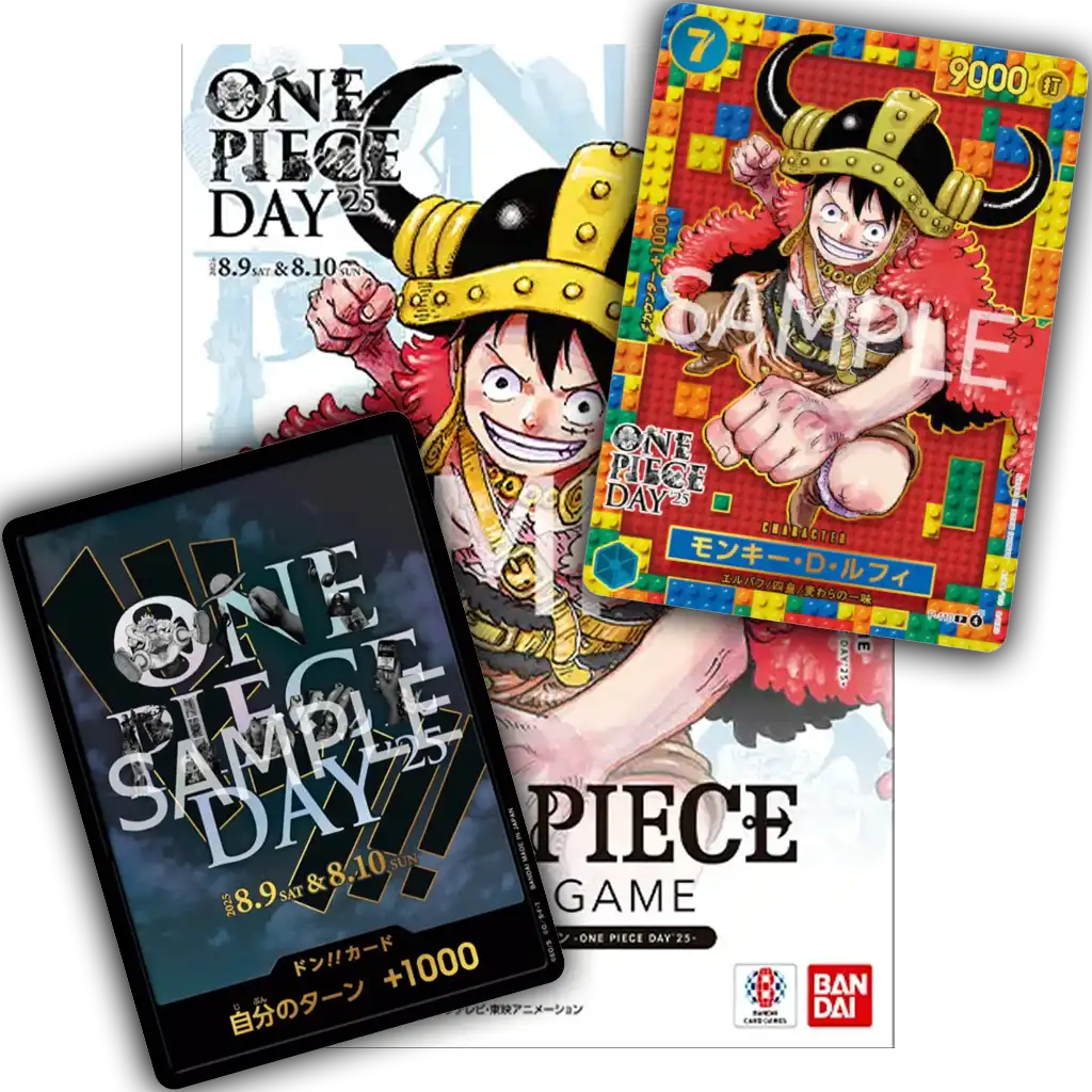 One Piece Card Game One Piece Day 2025 Promo – Monkey D. Luffy Elbaf Outfit, japanische Promo-Karte mit One Piece Day 2025 Card File und Don!!-Karte.