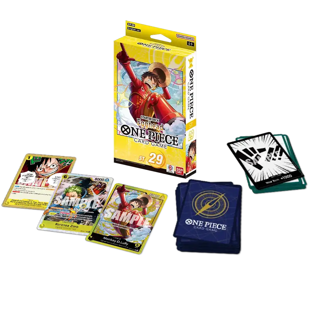 Inhalt des One Piece Card Game Starter Deck ST-29 Egghead: spielfertiges Deck, DON!!-Karten, Spielunterlage, Bonus-Pack und Originalverpackung (Englisch)