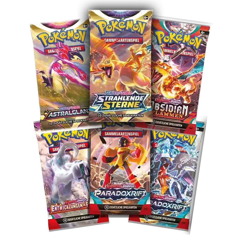 Pokémon TCG Booster Bundle mit 6 verschiedenen Packs aus den Sets Paradoxriss, Entwicklungen in Paldea, Strahlende Sterne, Obsidianflammen und Astralglanz – Sammelkarten Auswahl Deutsch.