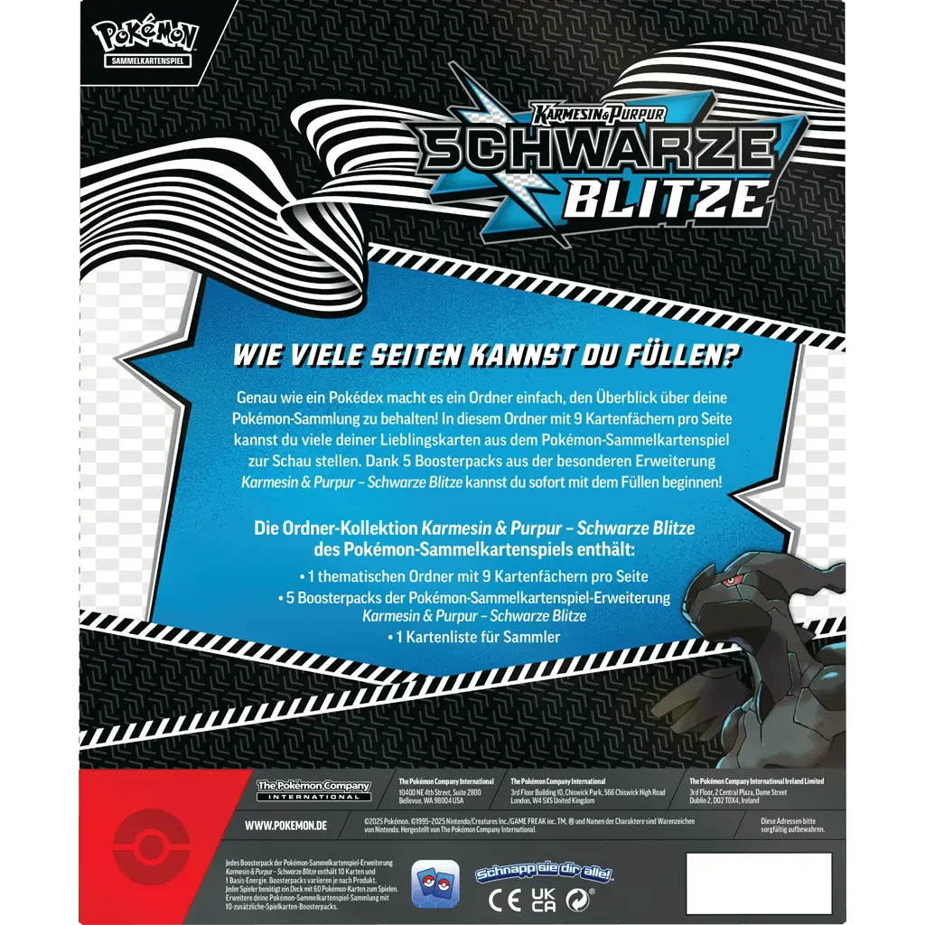 Pokémon Binder‑Kollektion KP10.5 Schwarze Blitze – 9‑Pocket Ordner mit Zekrom‑Artwork und 5 schwarze Blitze Boosterpacks Rückseite