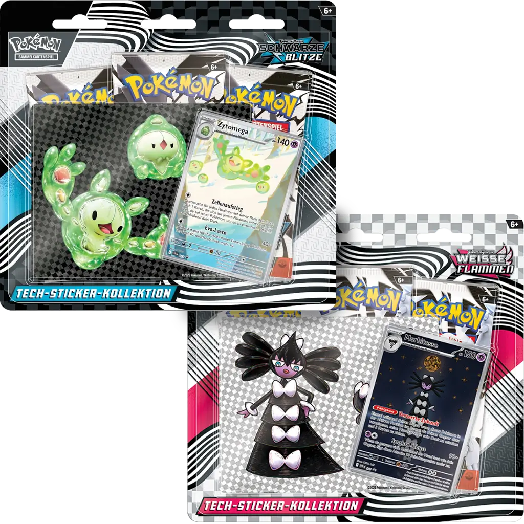 Pokémon Karmesin & Purpur 10.5 Tech Sticker Kollektion – Auswahl Zytomega oder Morbitesse mit Promo, Stickern und 3 Boosterpacks