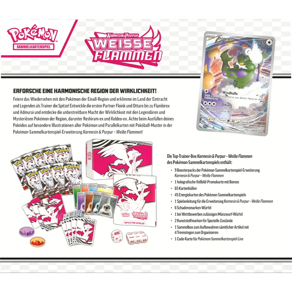 Pokémon Top Trainer Box KP10.5  Weiße Flammen – Premium Zubehör‑Box mit 9 Boostern und Promo‑Karte Inhalt
