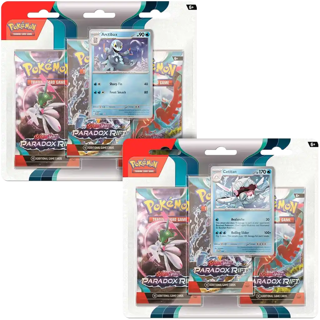 Pokémon Karmesin & Purpur – Paradoxrift 3er Blister [DE] mit 3 Boostern, Promo-Karte (Kolowal oder Cryospino) und Code-Karte für TCG Live