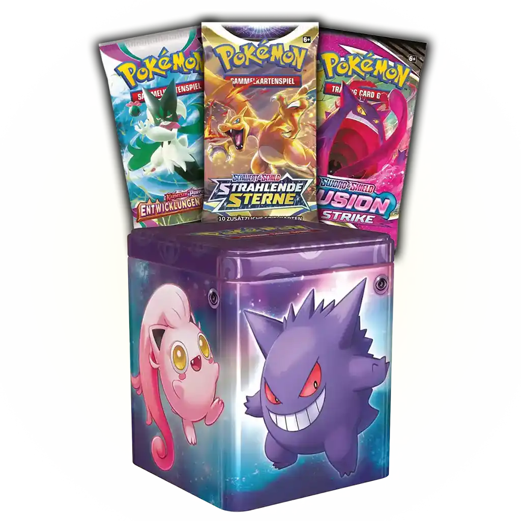 Pokémon Stacking Tin Frühling 2024 – Geist-Typ mit Gengar und Pummeluff, inklusive 3 Boosterpacks