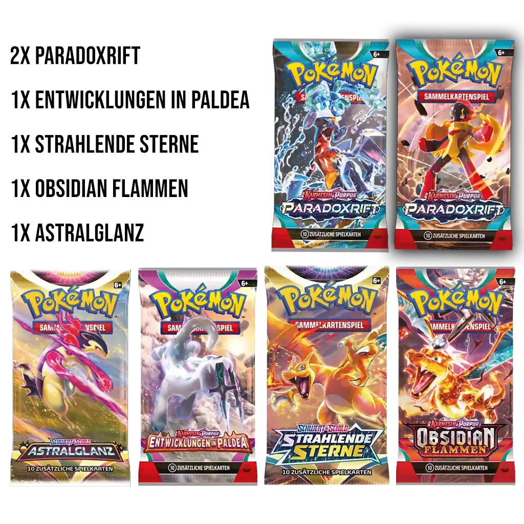 Pokemon TCG - 6 Booster Bundle (Paradox Rift, Entwicklungen in Paldea, Strahlende Sterne, Obsidianflammen, Astralglanz) [DE]