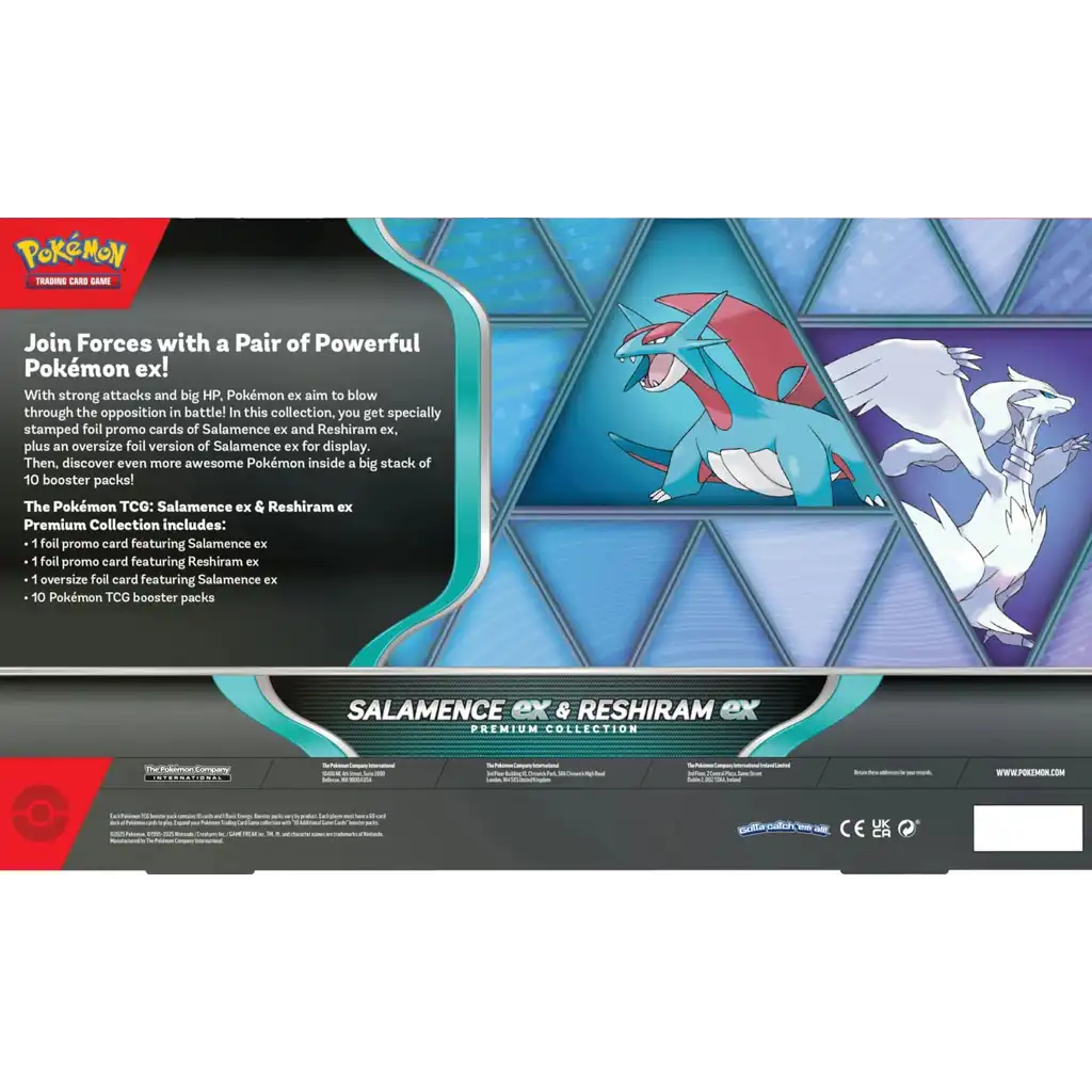 Inhalt der Pokémon Salamence ex & Reshiram ex Premium Collection: Salamence ex & Reshiram ex Promokarten, over-size Karte und 10 Boosterpack