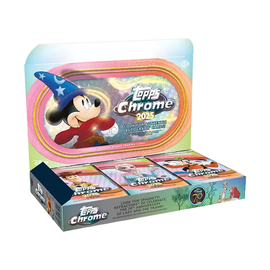 Topps Chrome Disney 2025 Hobby Box mit Autogrammen Refractors und 70th Anniversary Spaghetti Fractor