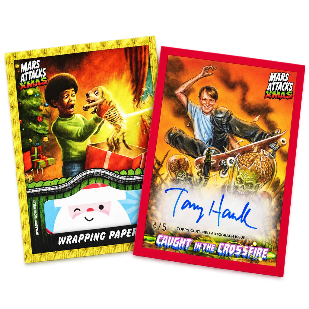 Topps Mars Attacks Xmas 2026 Chase Cards mit Wrapping Paper Invasion Worn Relic 1/1 und Tony Hawk Caught in the Crossfire Autograph 4/5