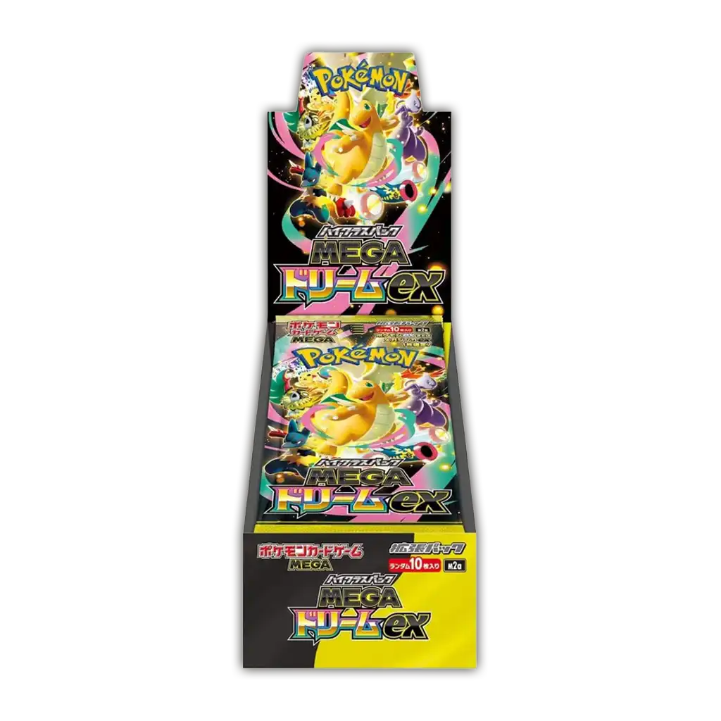 Japanisches Pokémon Mega Dream ex High-Class Booster Display – 10er-Box mit Mega-Pokémon-ex-Artwork auf schwarzem und gelbem Design