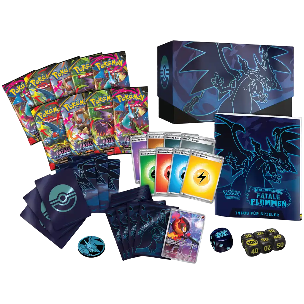 Inhalt der Pokémon Mega-Entwicklung: Fatale Flammen Top-Trainer-Box – mehrere Boosterpacks, Energiekarten, Kartenhüllen, Würfel, Statusmarker, Spielanleitung, Promokarte und Aufbewahrungsbox in Charizard-Design