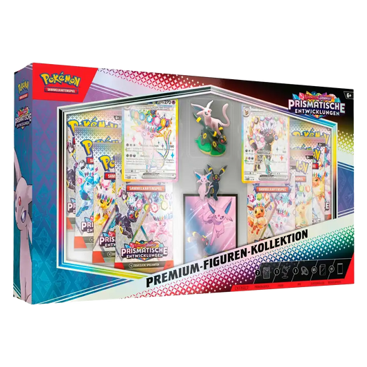 Pokémon Karmesin & Purpur 8.5 Prismatische Entwicklungen Premium-Figuren-Kollektion Psiana & Nachtara Deutsch mit 11 Boostern, 2 Promo-Karten, Figur & Pin.