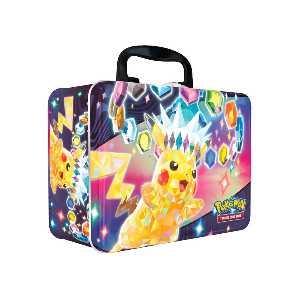 Pokémon Sammelkoffer Herbst 2024 – Metallbox mit Pikachu-Artwork, zeigt Inhalt: Boosterpacks, Promokarten, Sticker, Münze und Mini-Portfolio