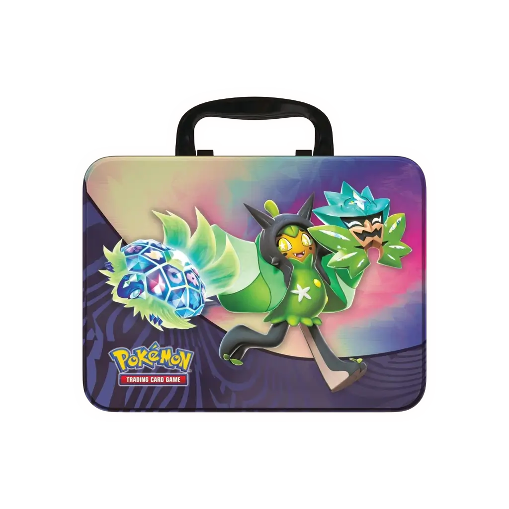 Pokémon Sammelkoffer Herbst 2024 – Metallbox mit Pikachu-Artwork, zeigt Inhalt: Boosterpacks, Promokarten, Sticker, Münze und Mini-Portfolio