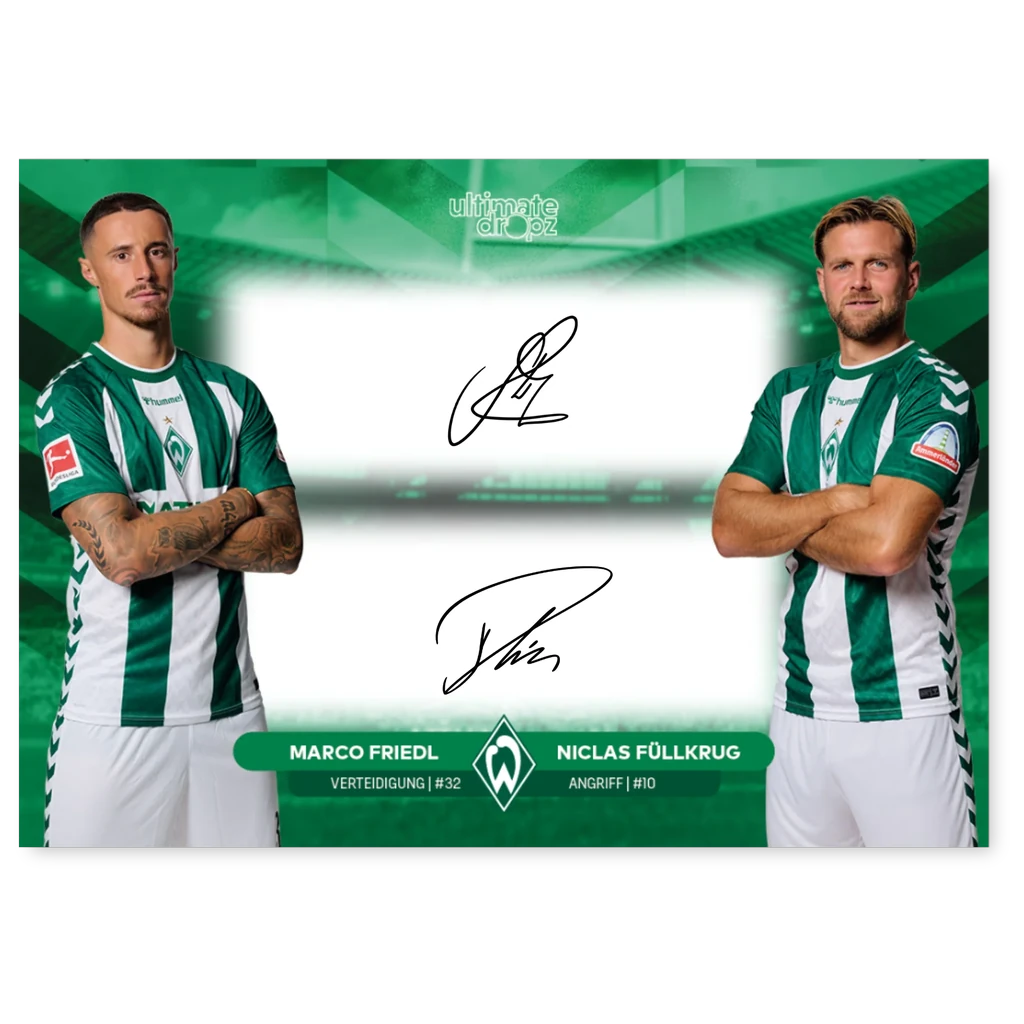 SV Werder Bremen Trading Card 100 Jahre Weserstadion – Dual On-Card Autogramm Marco Friedl und Niclas Füllkrug