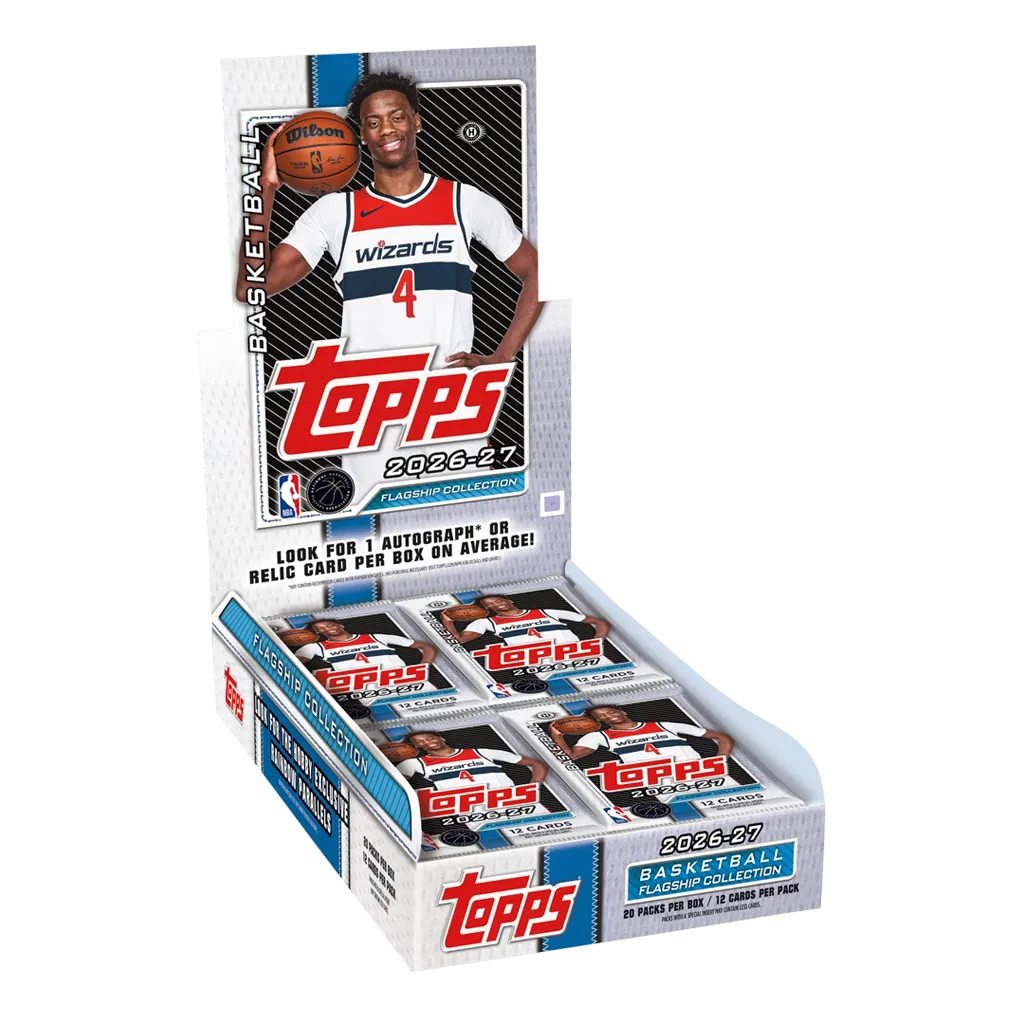 Topps 2026-27 Flagship Basketball Hobby Box mit 20 Boostern, jeweils 12 NBA-Sammelkarten und einem Wizards-Spieler auf der Verpackung