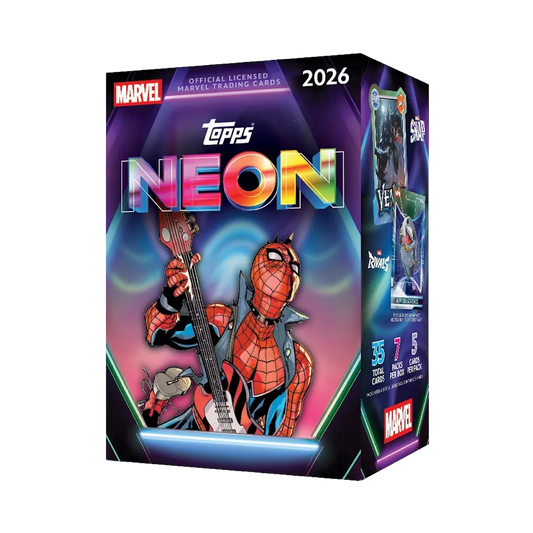 Topps Neon Marvel 2026 Value Box englisch mit Spider-Man und 7 Packs mit insgesamt 35 Karten