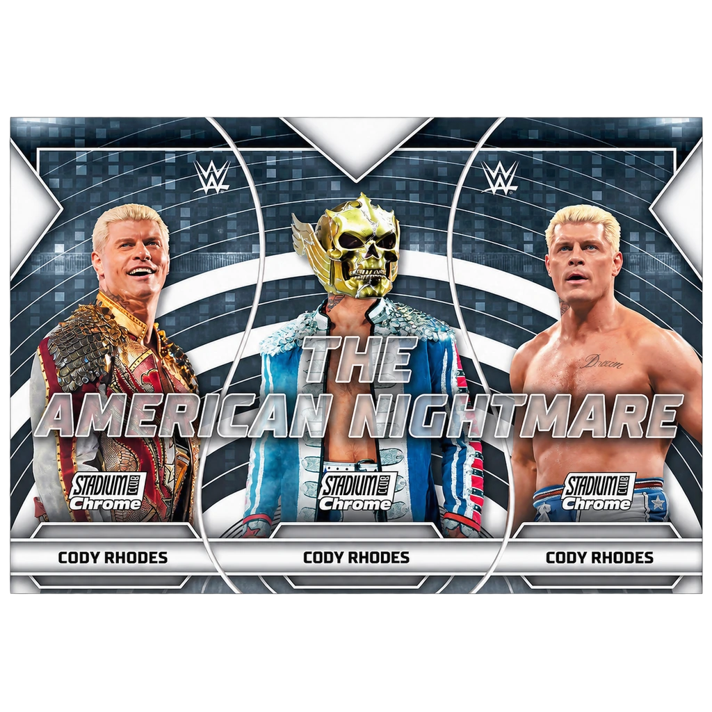 Topps 2026 WWE Stadium Club Chrome Cody Rhodes The American Nightmare Triptych, Beispielkarte aus dem Set