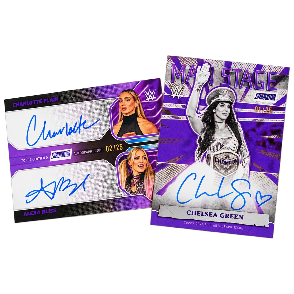 Topps 2026 WWE Stadium Club Dual Autograph Charlotte Flair und Alexa Bliss 02/25 sowie Chelsea Green Autograph 01/25, Beispielkarten