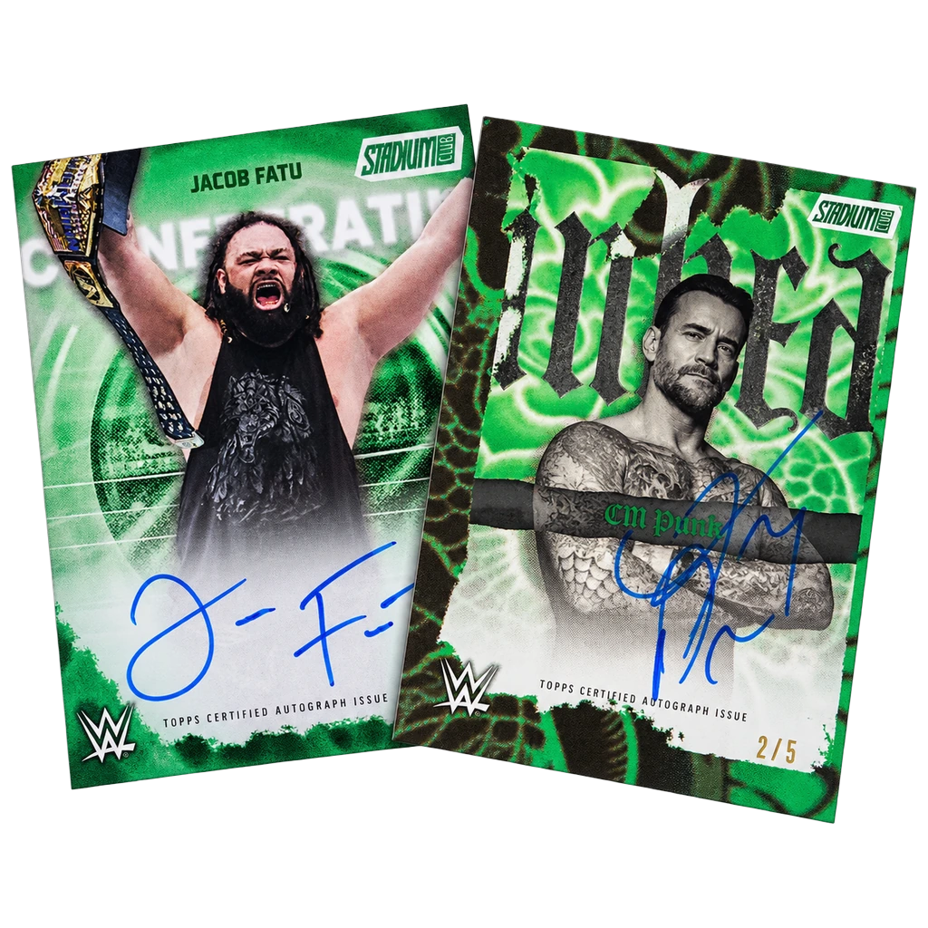 Topps 2026 WWE Stadium Club Autogrammkarten Jacob Fatu und CM Punk 2/5, Beispielkarten aus dem Set
