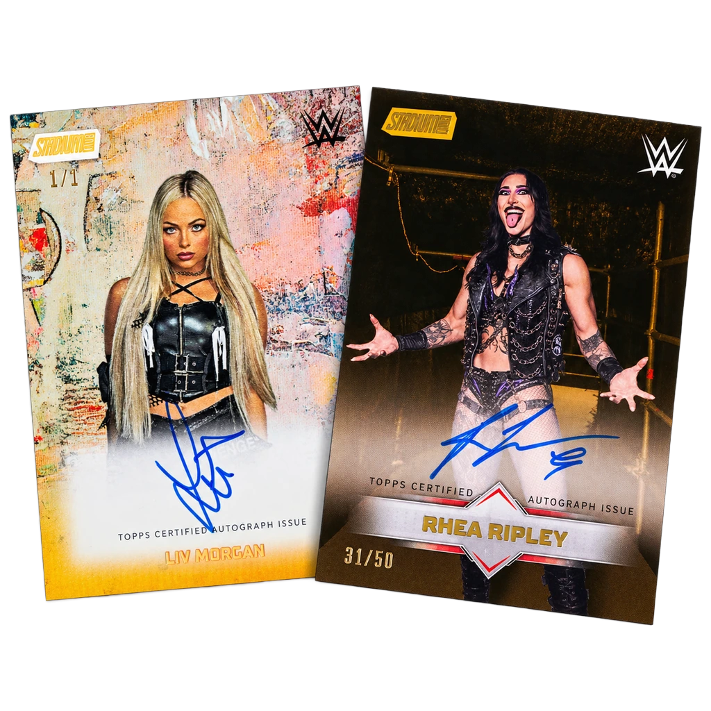 Topps 2026 WWE Stadium Club Autogrammkarten Liv Morgan 1/1 und Rhea Ripley 31/50, Beispielkarten aus dem Set