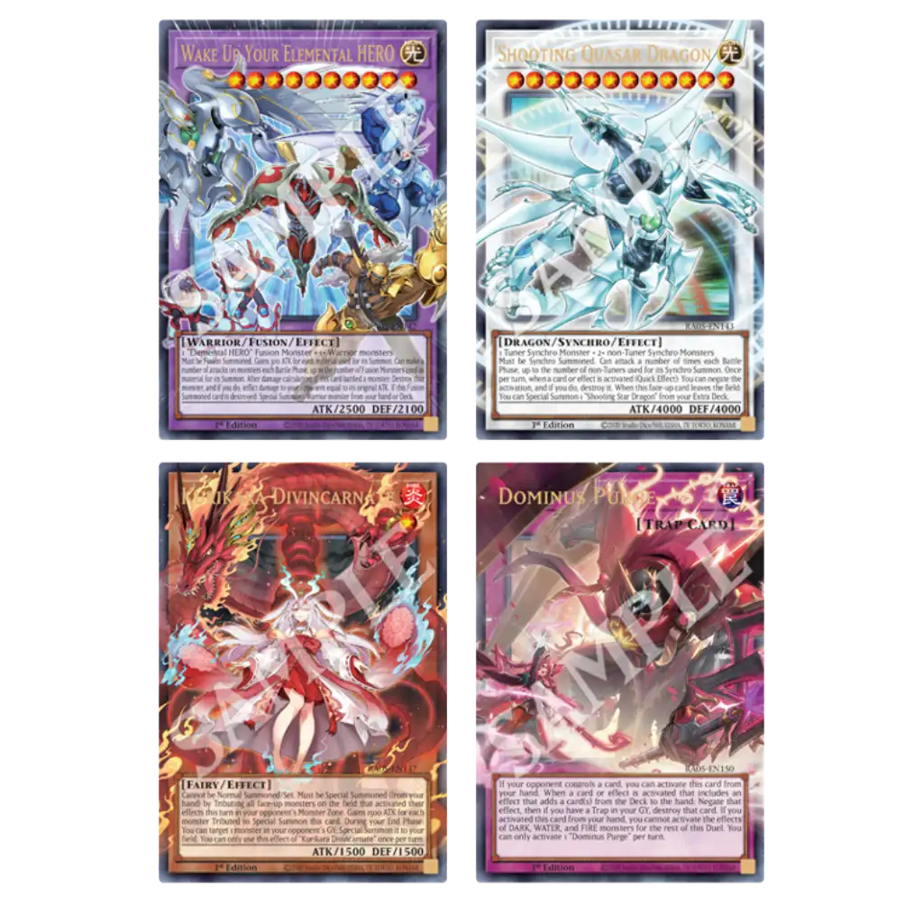 Yugioh Rarity Collection V Overframe Karten mit Wake Up Your Elemental HERO, Shooting Quasar Dragon, Divincarnate und Dominus Purge